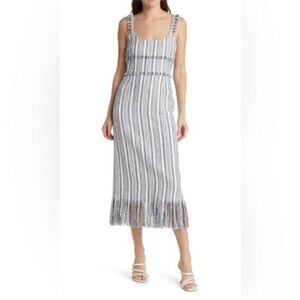 La Ligne Jordan Fringe Detail Stripe Midi Dress fringe tweed  Navy/Cream Size 00